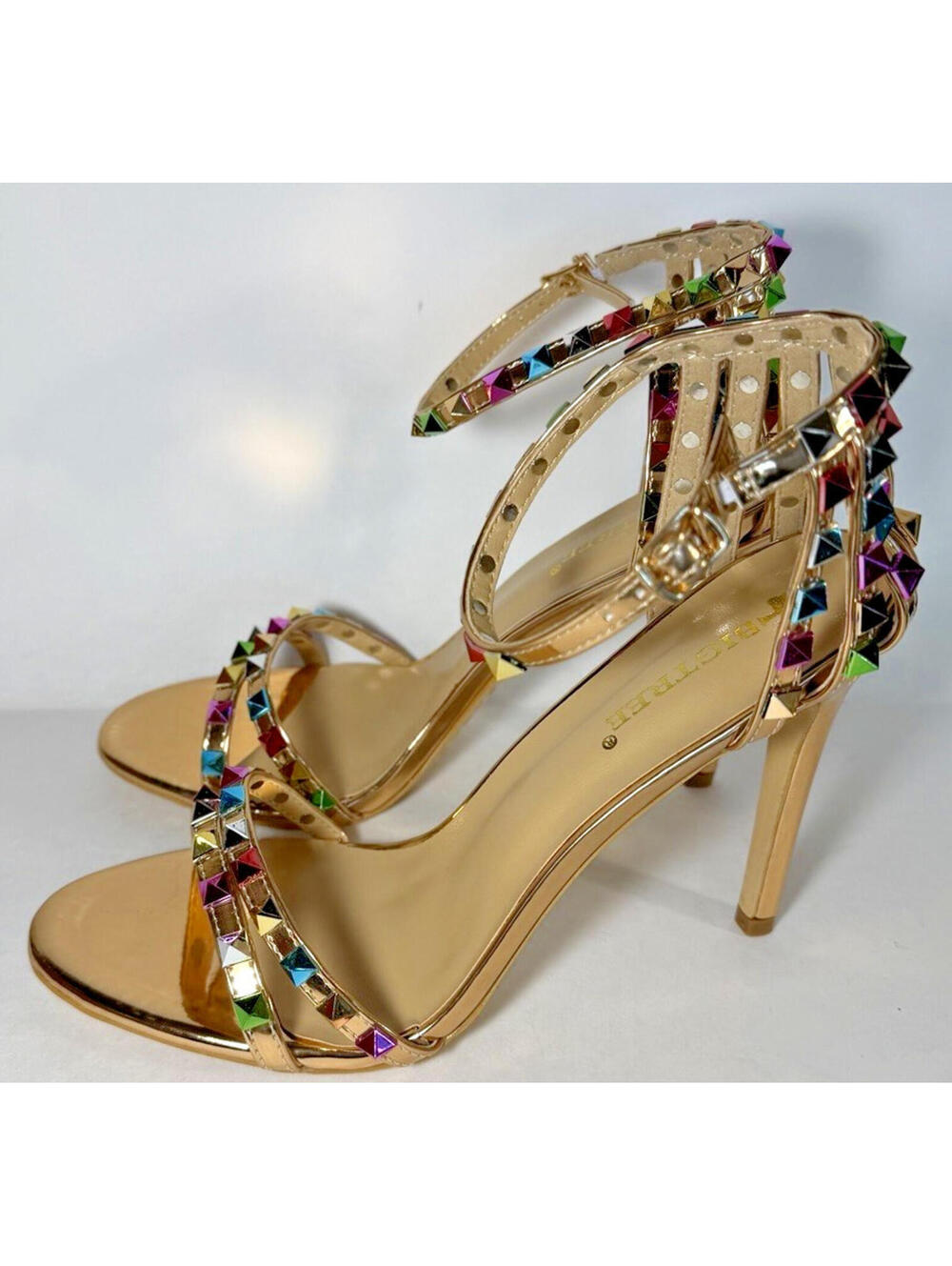 BIGTREE Rivets Studded Sandals Ankle Strap High Heels - Picture 3 of 9